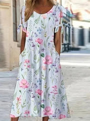 Ny A-linje tryckt lös bekväm kortärmad klänning för kvinnor