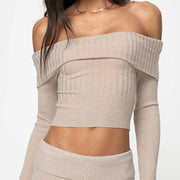 Båthals långärmad stickad tröja Off-shoulder Crop Short Top SFor Damkläder