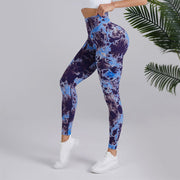 Tie-dye tryckta yogabyxor Mode sömlösa höftlyftande byxor med hög midja Sport löpning Fitnessbyxor för damkläder