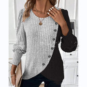 Kvinnors Z rundhalsad Multicolor Sunken Stripe Cross Hem Långärmad stickad T-shirt