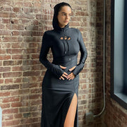 Women's New Slit High Waist Slim-fit Hood Dress