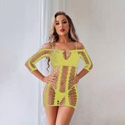 Women's Long Sleeve Striped Sheath Hollow Mesh Skirt