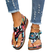 Fiskbenssandaler Etnisk stil broderad blomma tillbaka spänne kil