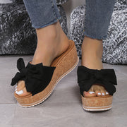 Mode rosett leopardtryck kiltofflor för kvinnor Nya tjocksula högklackade platta skor sommar utomhus fisk mun tofflor