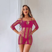 Women's Long Sleeve Striped Sheath Hollow Mesh Skirt