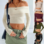 Båthals långärmad stickad tröja Off-shoulder Crop Short Top SFor Damkläder