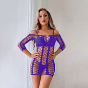 Women's Long Sleeve Striped Sheath Hollow Mesh Skirt