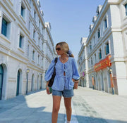 Lace-up Round Neck Puff Sleeve All-matching Shirt