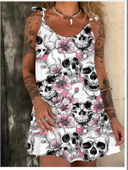 Kurzes Kleid mit 3D-Druck und Halloween-Totenkopf und Schnürung