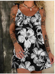 Kurzes Kleid mit 3D-Druck und Halloween-Totenkopf und Schnürung