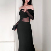 Off-shoulder Pleated Long Sleeve Dress