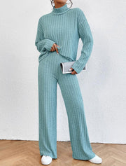 Turtleneck Long Sleeve Sunken Stripe Loose Wide Leg Pants Two-piece Set