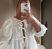 Lace-up Round Neck Puff Sleeve All-matching Shirt