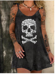 Kurzes Kleid mit 3D-Druck und Halloween-Totenkopf und Schnürung