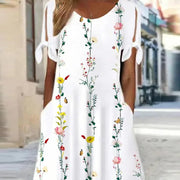 Ny A-linje tryckt lös bekväm kortärmad klänning för kvinnor