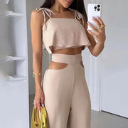 Cross-border Solid Color Sling Top Casual Hollow-out Trousers Suit