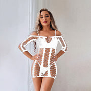 Women's Long Sleeve Striped Sheath Hollow Mesh Skirt