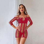 Women's Long Sleeve Striped Sheath Hollow Mesh Skirt